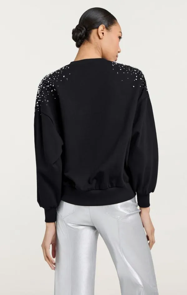 Cinq Sept Crackle Rhinestone Embellished Brandy Pullover Black Women Long Sleeve Tops