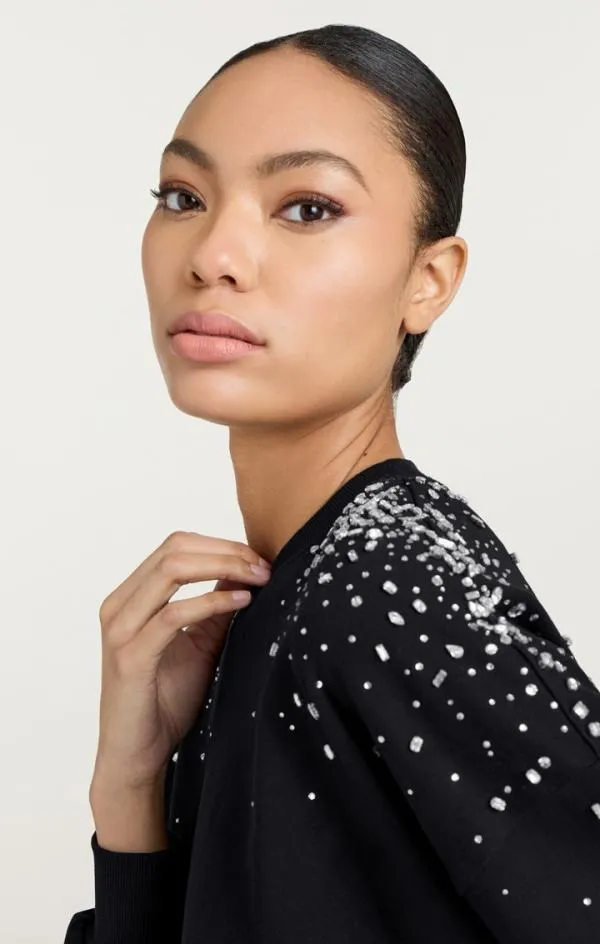 Cinq Sept Crackle Rhinestone Embellished Brandy Pullover Black Women Long Sleeve Tops