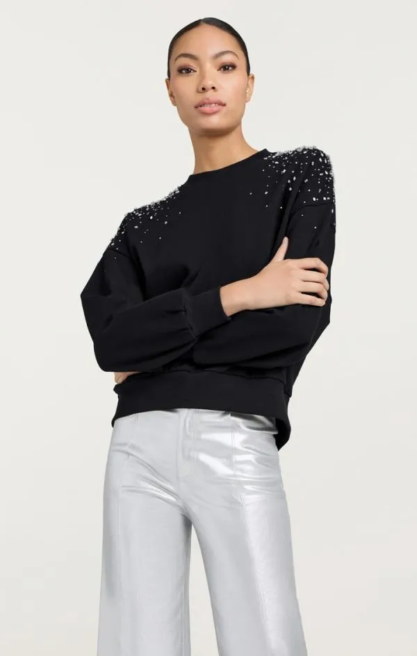 Cinq Sept Crackle Rhinestone Embellished Brandy Pullover Black Women Long Sleeve Tops