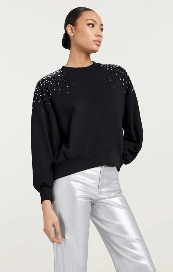 Cinq Sept Crackle Rhinestone Embellished Brandy Pullover Black Women Long Sleeve Tops