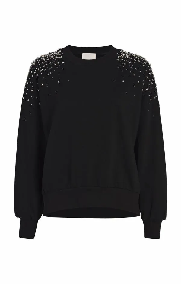 Cinq Sept Crackle Rhinestone Embellished Brandy Pullover Black Women Long Sleeve Tops