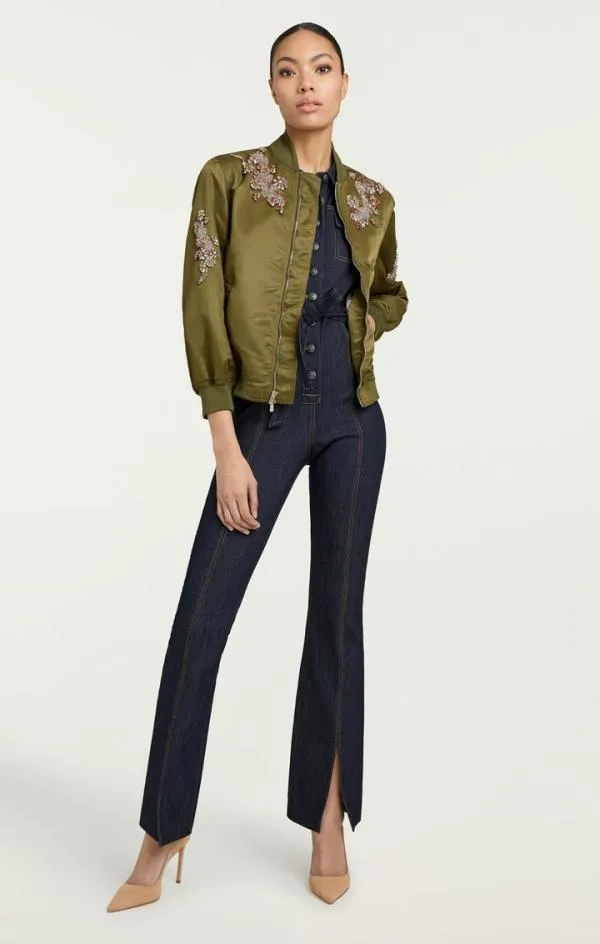 Cinq Sept Diamond Daisies Embellished Talulla Bomber Olive Women Outerwear
