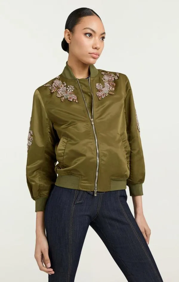 Cinq Sept Diamond Daisies Embellished Talulla Bomber Olive Women Outerwear
