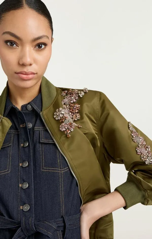 Cinq Sept Diamond Daisies Embellished Talulla Bomber Olive Women Outerwear