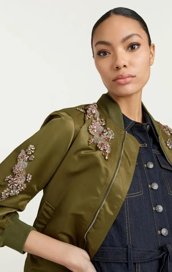 Cinq Sept Diamond Daisies Embellished Talulla Bomber Olive Women Outerwear