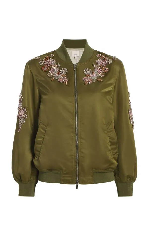 Cinq Sept Diamond Daisies Embellished Talulla Bomber Olive Women Outerwear