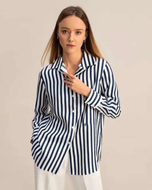 Classic Womenx27s Amalfi Blue White Stripe Silk Shirt Women Blouses Lilysilk Shirts