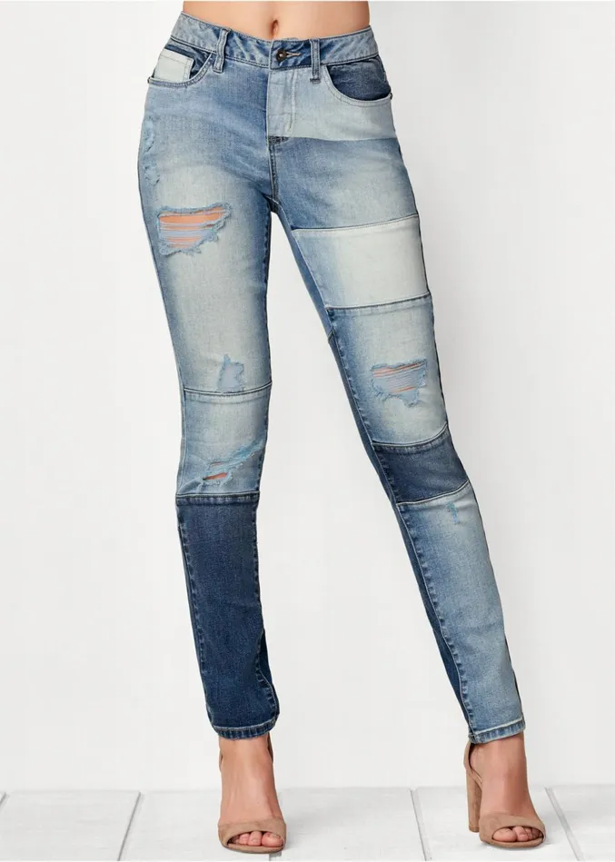 DISTRESSED PATCHWORK JEANS Medium Wash Women VENUS Novelty Jeans