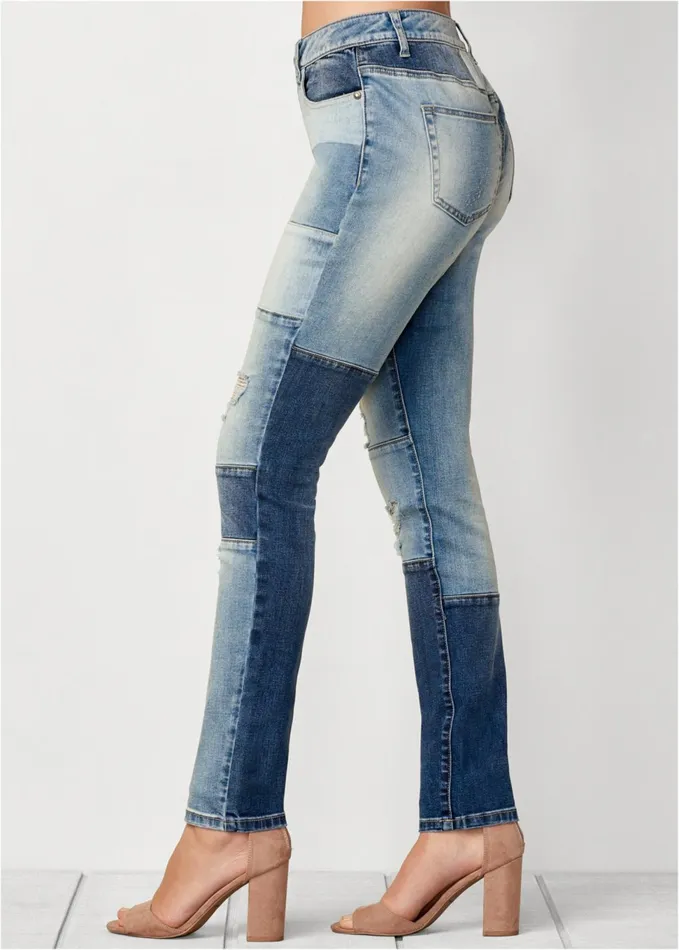 DISTRESSED PATCHWORK JEANS Medium Wash Women VENUS Novelty Jeans