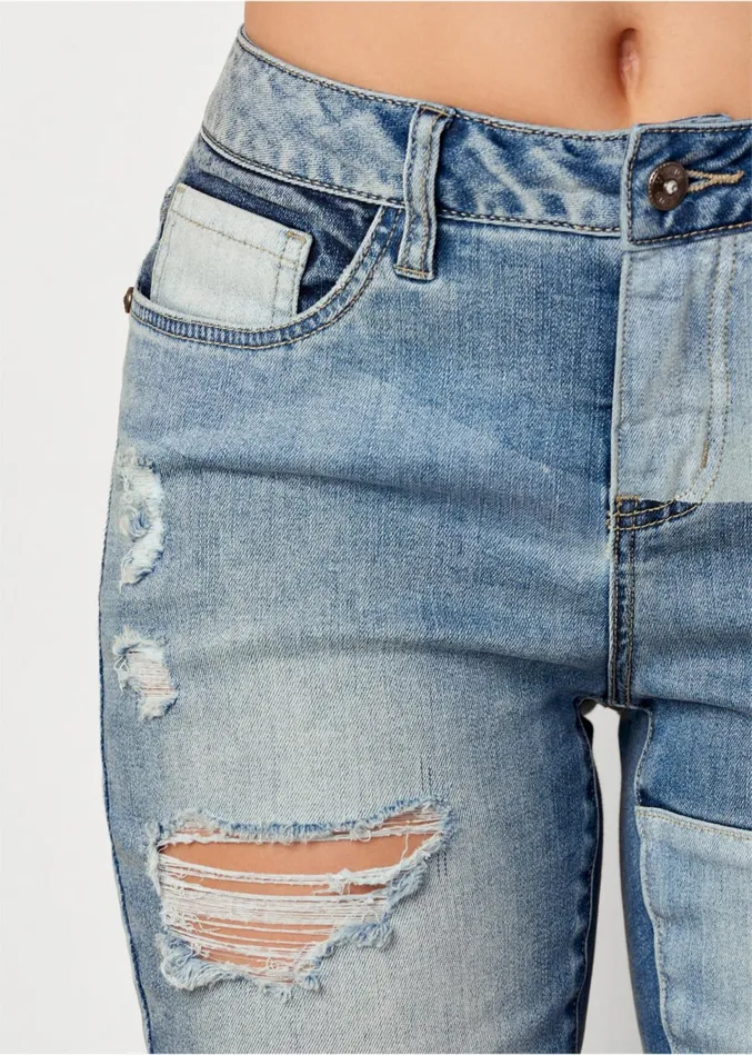 DISTRESSED PATCHWORK JEANS Medium Wash Women VENUS Novelty Jeans