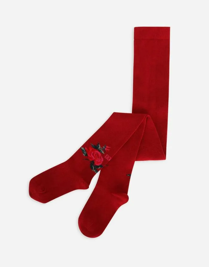 Dolce and Gabbana Accessories Children Cotton Jersey Tights With DG Logo Inlay And Roses Multicolor Dolce and Gabbana Accessories Children Cotton Jersey Tights With DG Logo Inlay And Roses Multicolor