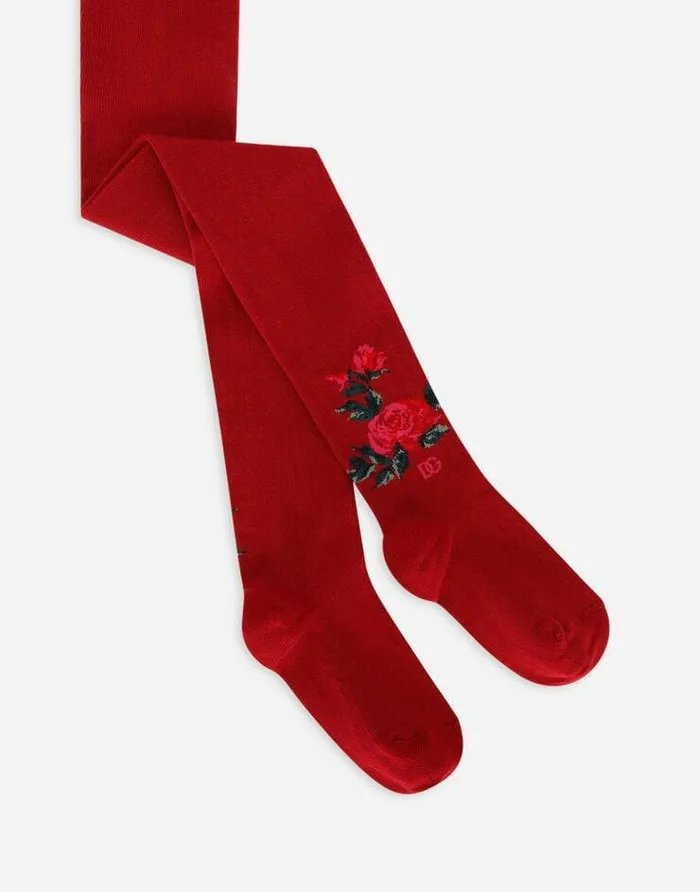 Dolce and Gabbana Accessories Children Cotton Jersey Tights With DG Logo Inlay And Roses Multicolor Dolce and Gabbana Accessories Children Cotton Jersey Tights With DG Logo Inlay And Roses Multicolor