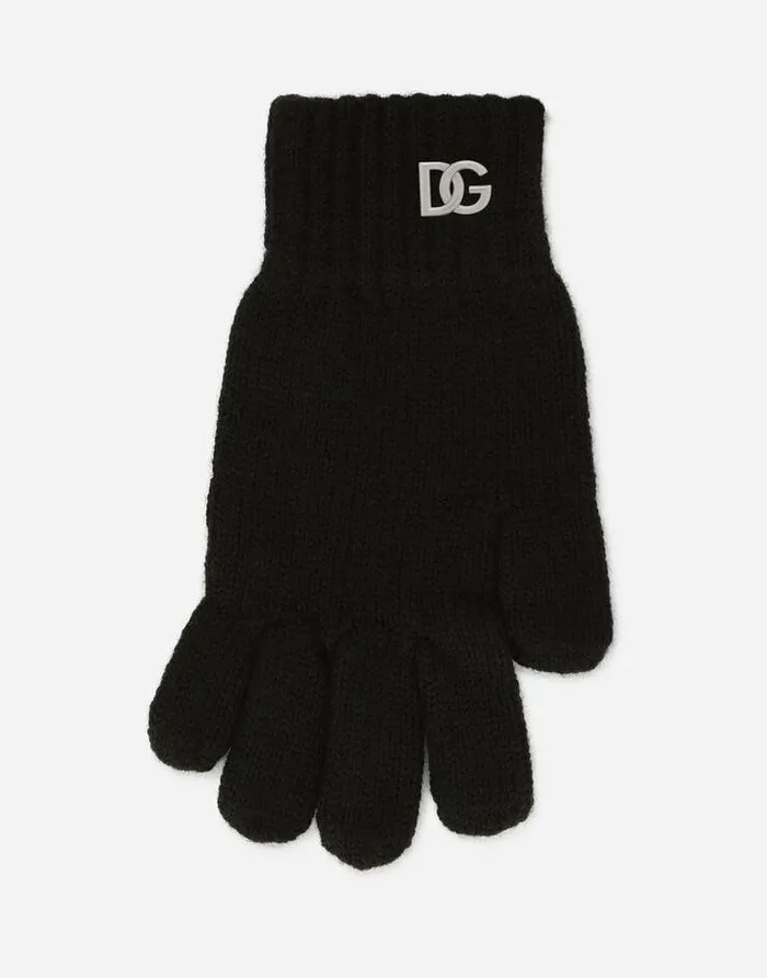 Dolce and Gabbana Accessories Children Ribbed Knit Gloves With Metal DG Logo Black Dolce and Gabbana Accessories Children Ribbed Knit Gloves With Metal DG Logo Black
