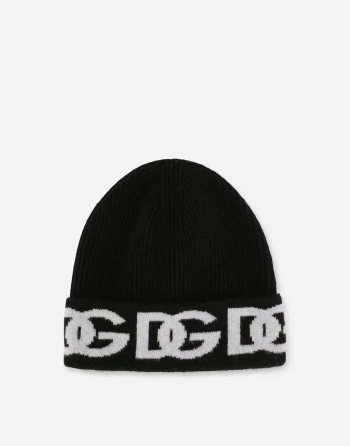 Dolce and Gabbana Accessories Children Ribbed Knit Hat With Jacquard DG Logo Black Dolce and Gabbana Accessories Children Ribbed Knit Hat With Jacquard DG Logo Black