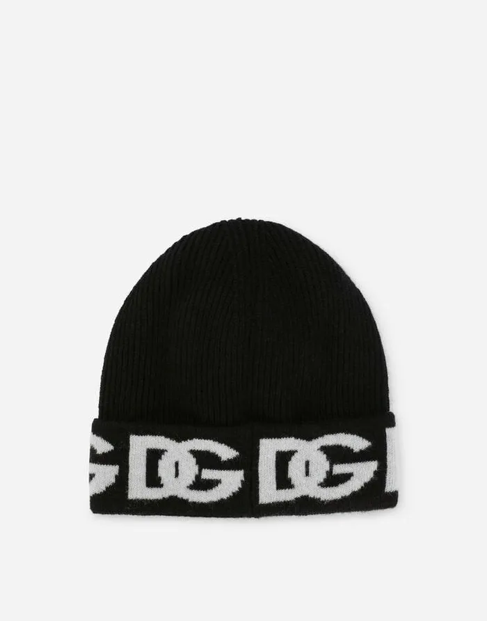 Dolce and Gabbana Accessories Children Ribbed Knit Hat With Jacquard DG Logo Black Dolce and Gabbana Accessories Children Ribbed Knit Hat With Jacquard DG Logo Black