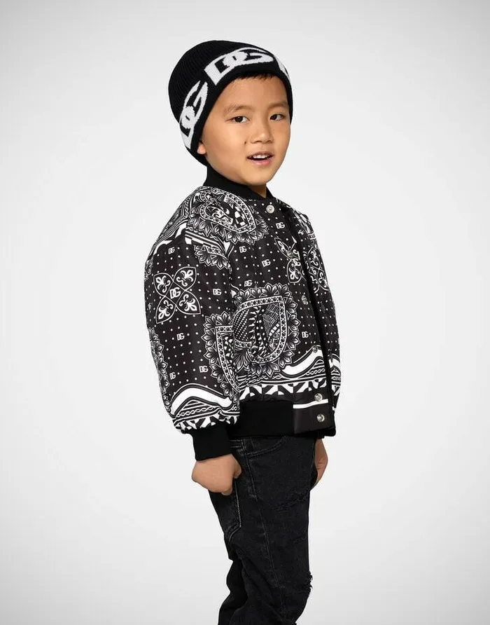 Dolce and Gabbana Accessories Children Ribbed Knit Hat With Jacquard DG Logo Black Dolce and Gabbana Accessories Children Ribbed Knit Hat With Jacquard DG Logo Black