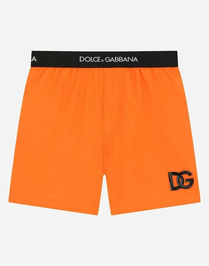 Dolce and Gabbana Beachwear Children Nylon Swim Trunks With Branded Elastic Orange