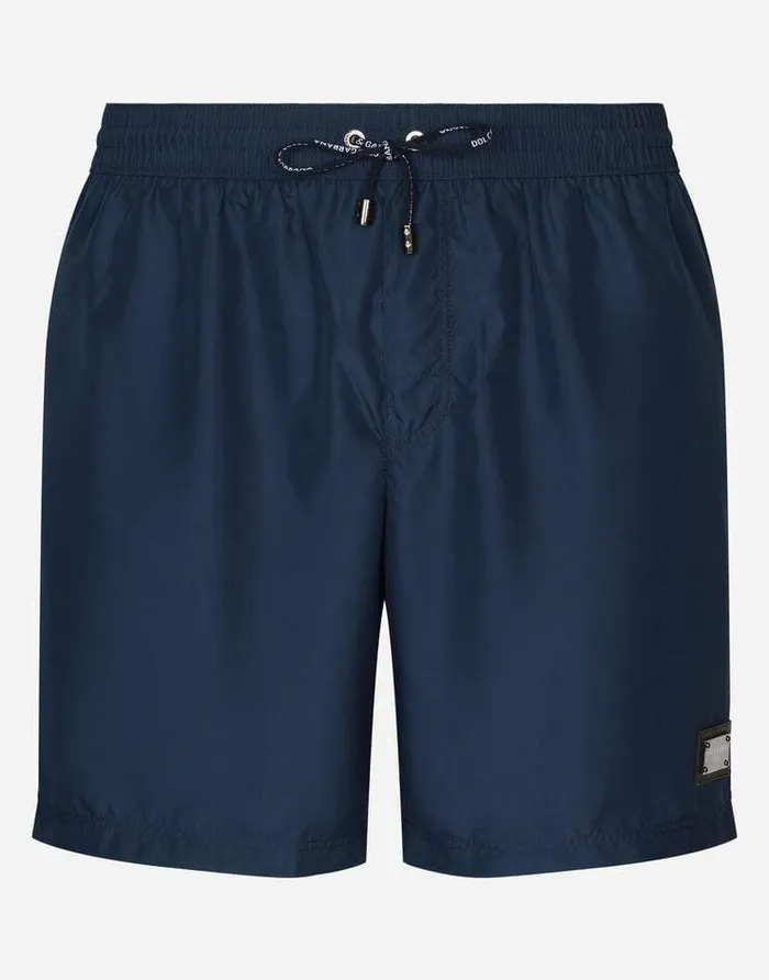 Dolce and Gabbana Beachwear Men Longleg Swim Trunks With Branded Tag Blue
