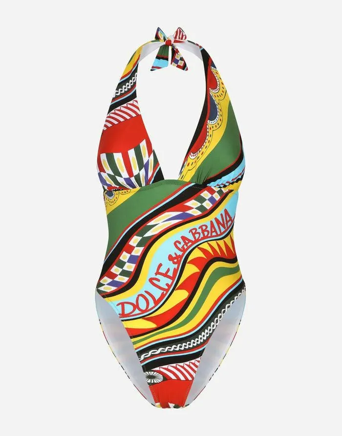 Dolce and Gabbana Beachwear Women Carrettoprint Onepiece Swimsuit With Plunging Neckline Multicolor