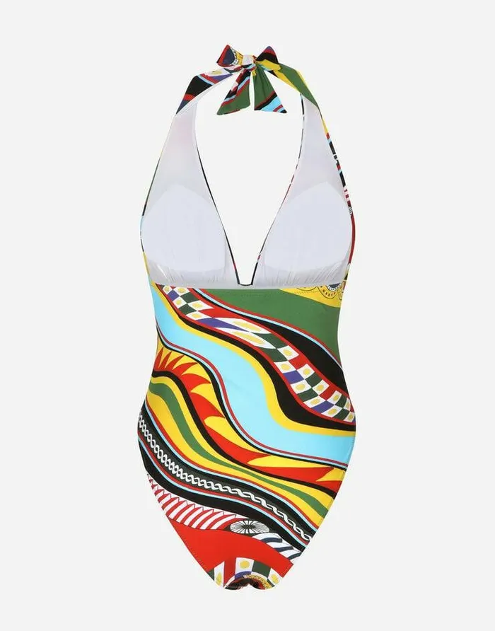 Dolce and Gabbana Beachwear Women Carrettoprint Onepiece Swimsuit With Plunging Neckline Multicolor Dolce and Gabbana Beachwear Women Carrettoprint Onepiece Swimsuit With Plunging Neckline Multicolor