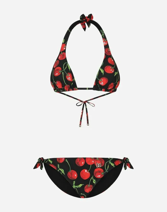 Dolce and Gabbana Beachwear Women Cherryprint Triangle Bikini Multicolor