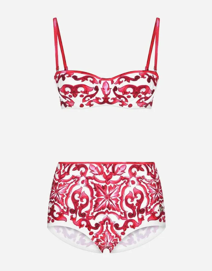 Dolce and Gabbana Beachwear Women Majolica Print Balconette Bikini Top And Bottoms Multicolor