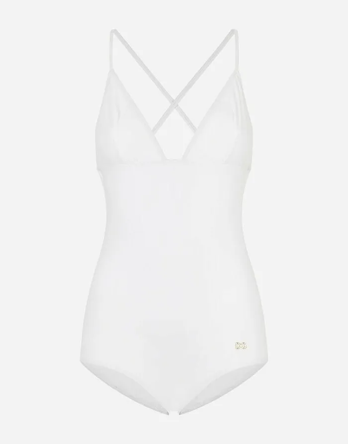 Dolce and Gabbana Beachwear Women Onepiece Swimsuit With Plunging Neckline White