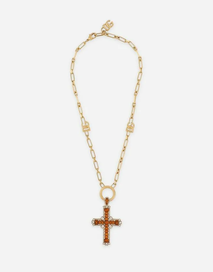 Dolce and Gabbana Bijoux Men Chain Necklace With Cross And Yellow Crystals Yellow Dolce and Gabbana Bijoux Men Chain Necklace With Cross And Yellow Crystals Yellow