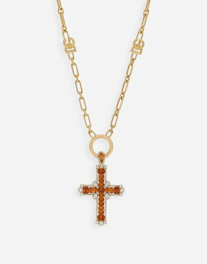 Dolce and Gabbana Bijoux Men Chain Necklace With Cross And Yellow Crystals Yellow Dolce and Gabbana Bijoux Men Chain Necklace With Cross And Yellow Crystals Yellow