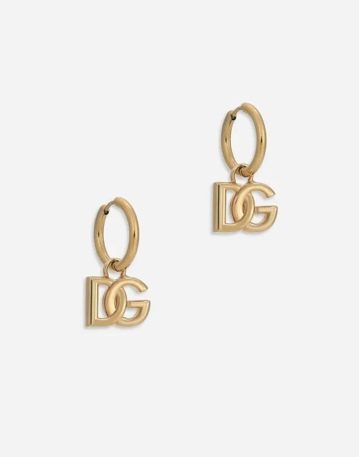 Dolce and Gabbana Bijoux Men Hoop Earrings With DG Logo Pendants Gold Dolce and Gabbana Bijoux Men Hoop Earrings With DG Logo Pendants Gold