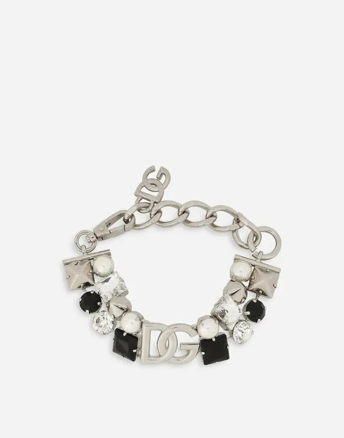 Dolce and Gabbana Bijoux Women Bracelet With Rhinestones And DG Logo Silver