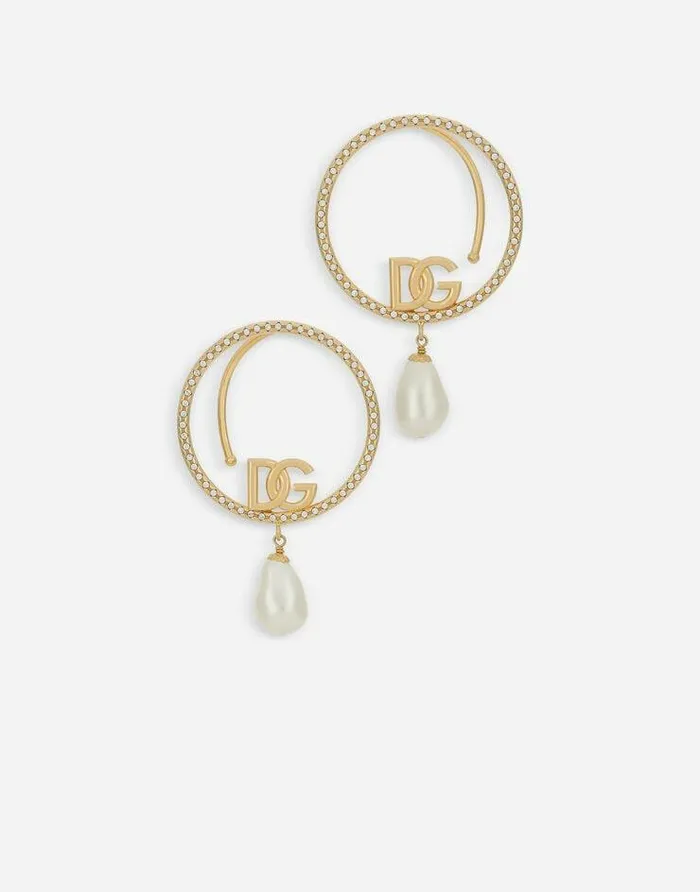 Dolce and Gabbana Bijoux Women Hoop Earrings With DG Logo And Pearls Gold