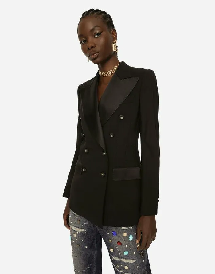 Dolce and Gabbana Blazers Women Doublebreasted Satin And Wool Fabric Jacket Black Dolce and Gabbana Blazers Women Doublebreasted Satin And Wool Fabric Jacket Black