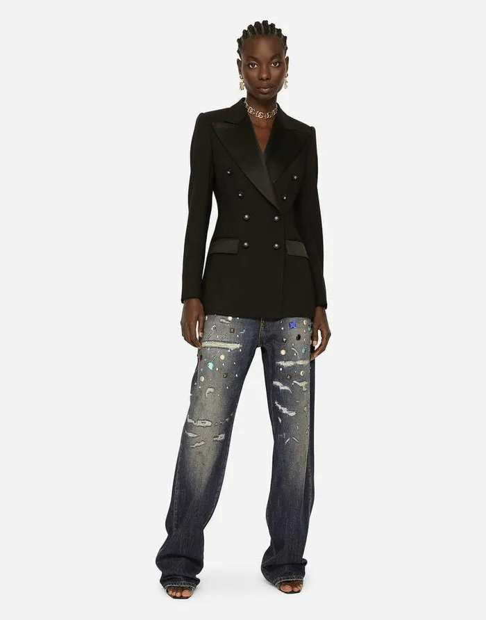 Dolce and Gabbana Blazers Women Doublebreasted Satin And Wool Fabric Jacket Black Dolce and Gabbana Blazers Women Doublebreasted Satin And Wool Fabric Jacket Black