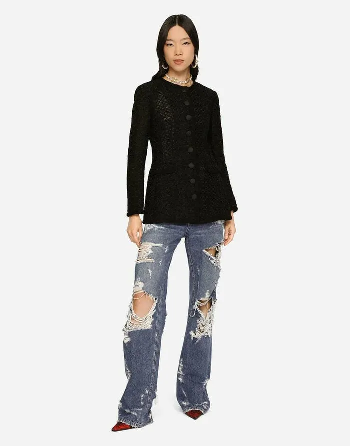 Dolce and Gabbana Blazers Women Singlebreasted Tweed Jacket Black Dolce and Gabbana Blazers Women Singlebreasted Tweed Jacket Black