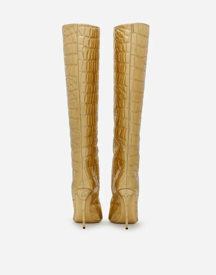 Dolce and Gabbana Boots And Booties Women Crocodileprint Foiled Calfskin Boots Gold