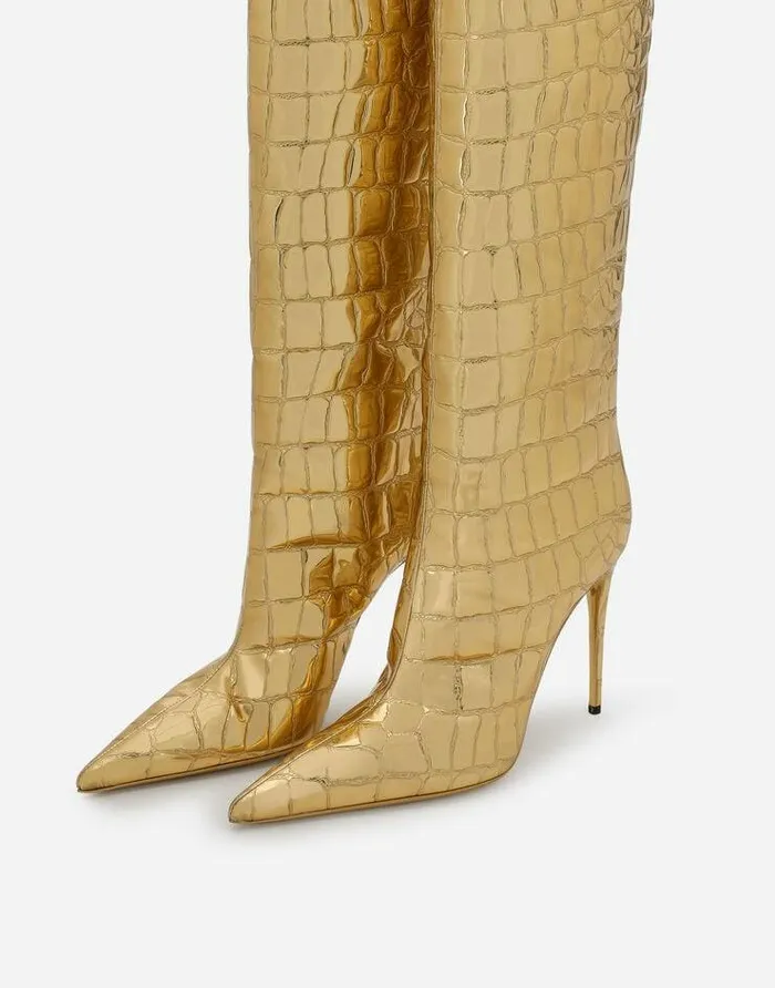 Dolce and Gabbana Boots And Booties Women Crocodileprint Foiled Calfskin Boots Gold