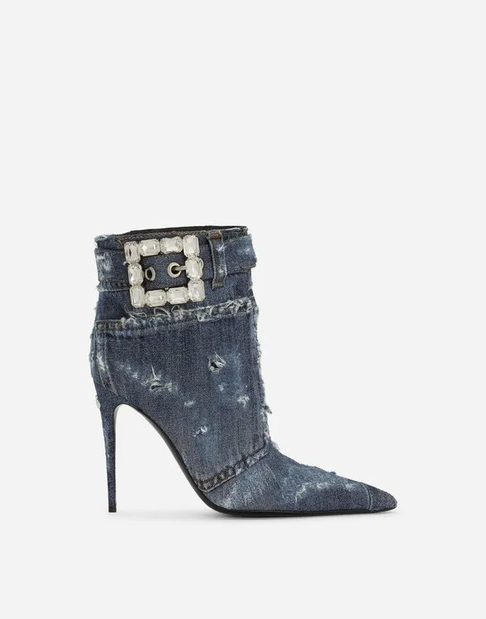 Dolce and Gabbana Boots And Booties Women Patchwork Denim Ankle Boots With Rhinestone Buckle Blue Dolce and Gabbana Boots And Booties Women Patchwork Denim Ankle Boots With Rhinestone Buckle Blue