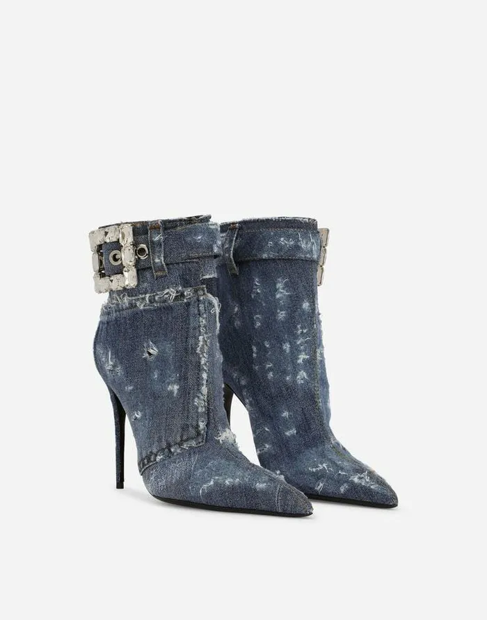 Dolce and Gabbana Boots And Booties Women Patchwork Denim Ankle Boots With Rhinestone Buckle Blue Dolce and Gabbana Boots And Booties Women Patchwork Denim Ankle Boots With Rhinestone Buckle Blue