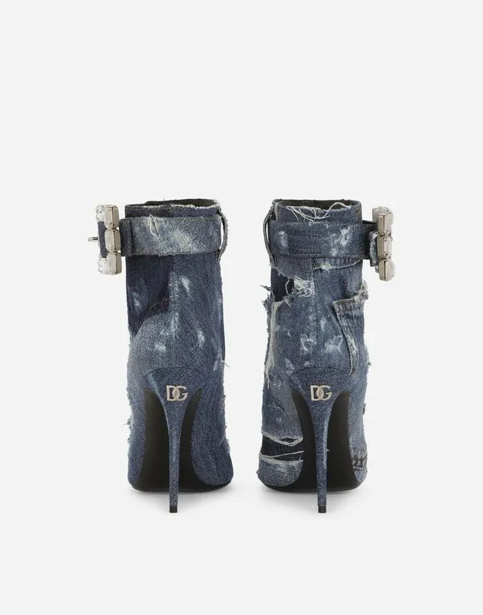 Dolce and Gabbana Boots And Booties Women Patchwork Denim Ankle Boots With Rhinestone Buckle Blue Dolce and Gabbana Boots And Booties Women Patchwork Denim Ankle Boots With Rhinestone Buckle Blue
