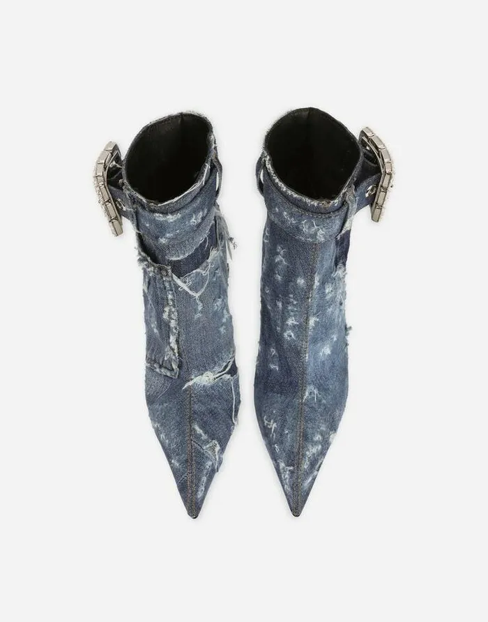 Dolce and Gabbana Boots And Booties Women Patchwork Denim Ankle Boots With Rhinestone Buckle Blue Dolce and Gabbana Boots And Booties Women Patchwork Denim Ankle Boots With Rhinestone Buckle Blue