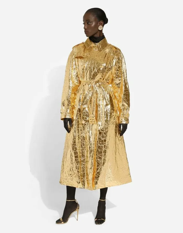 Dolce and Gabbana Coats And Jackets Women Foiled Fabric Trench Coat Gold Dolce and Gabbana Coats And Jackets Women Foiled Fabric Trench Coat Gold
