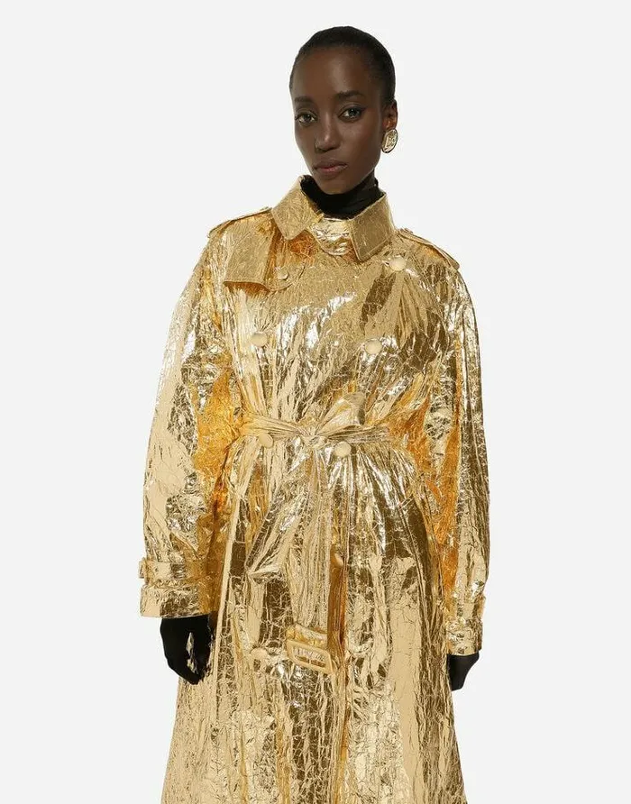 Dolce and Gabbana Coats And Jackets Women Foiled Fabric Trench Coat Gold Dolce and Gabbana Coats And Jackets Women Foiled Fabric Trench Coat Gold