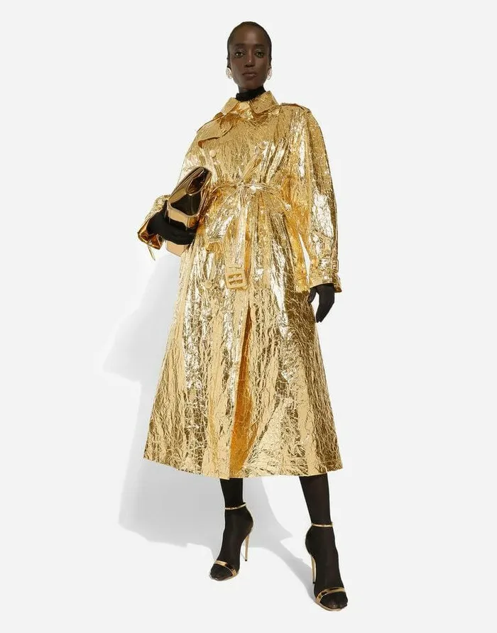 Dolce and Gabbana Coats And Jackets Women Foiled Fabric Trench Coat Gold Dolce and Gabbana Coats And Jackets Women Foiled Fabric Trench Coat Gold