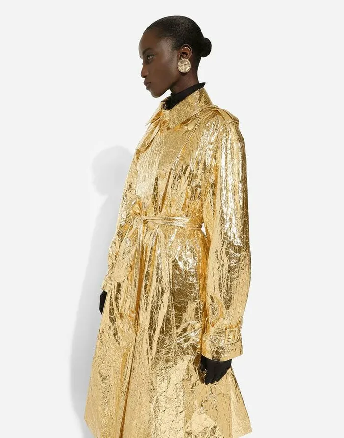 Dolce and Gabbana Coats And Jackets Women Foiled Fabric Trench Coat Gold Dolce and Gabbana Coats And Jackets Women Foiled Fabric Trench Coat Gold