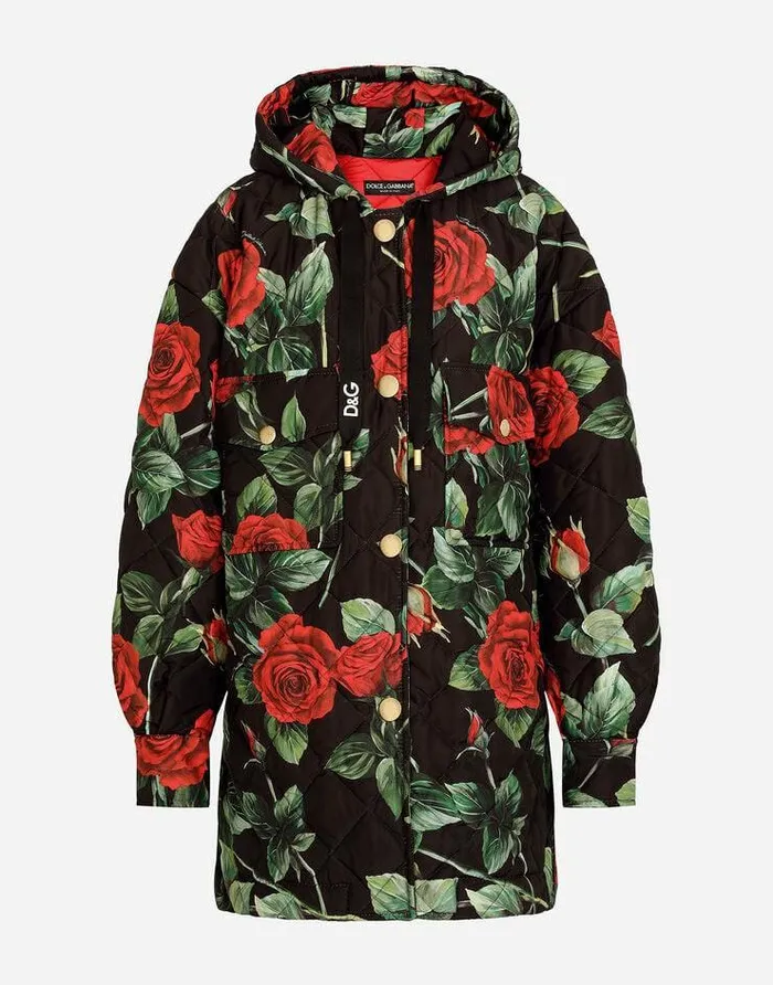 Dolce and Gabbana Coats And Jackets Women Quilted Cordura Jacket With Rose Print And Hood Multicolor Dolce and Gabbana Coats And Jackets Women Quilted Cordura Jacket With Rose Print And Hood Multicolor