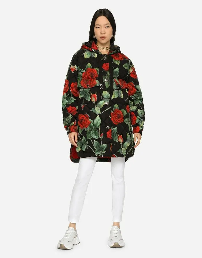 Dolce and Gabbana Coats And Jackets Women Quilted Cordura Jacket With Rose Print And Hood Multicolor Dolce and Gabbana Coats And Jackets Women Quilted Cordura Jacket With Rose Print And Hood Multicolor