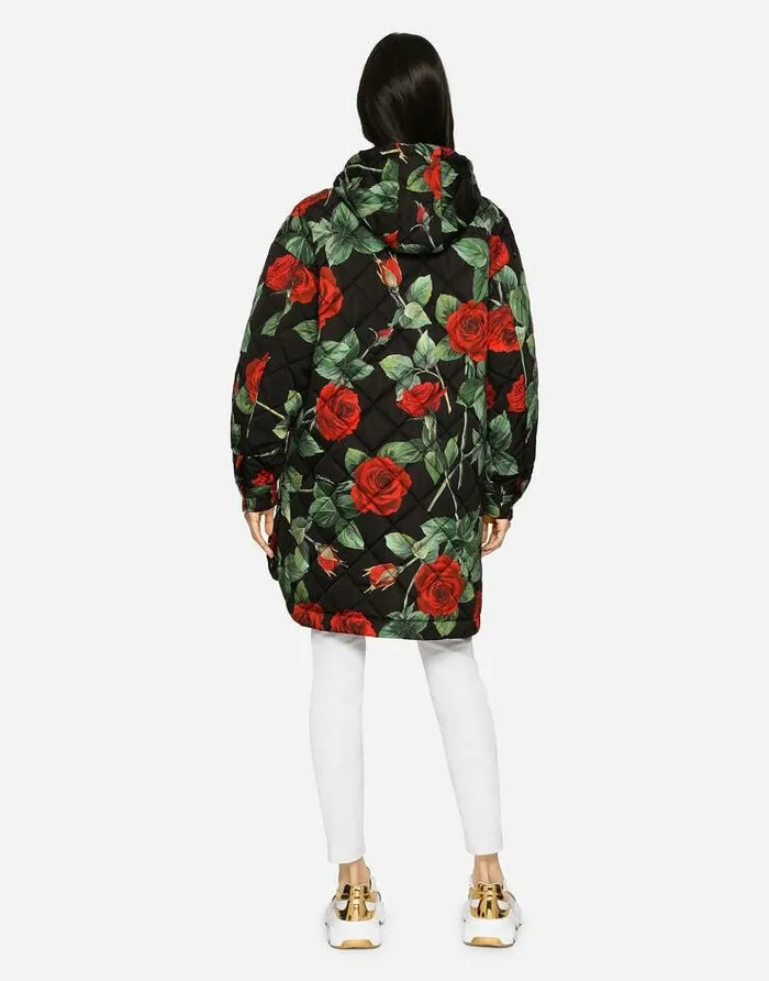 Dolce and Gabbana Coats And Jackets Women Quilted Cordura Jacket With Rose Print And Hood Multicolor Dolce and Gabbana Coats And Jackets Women Quilted Cordura Jacket With Rose Print And Hood Multicolor