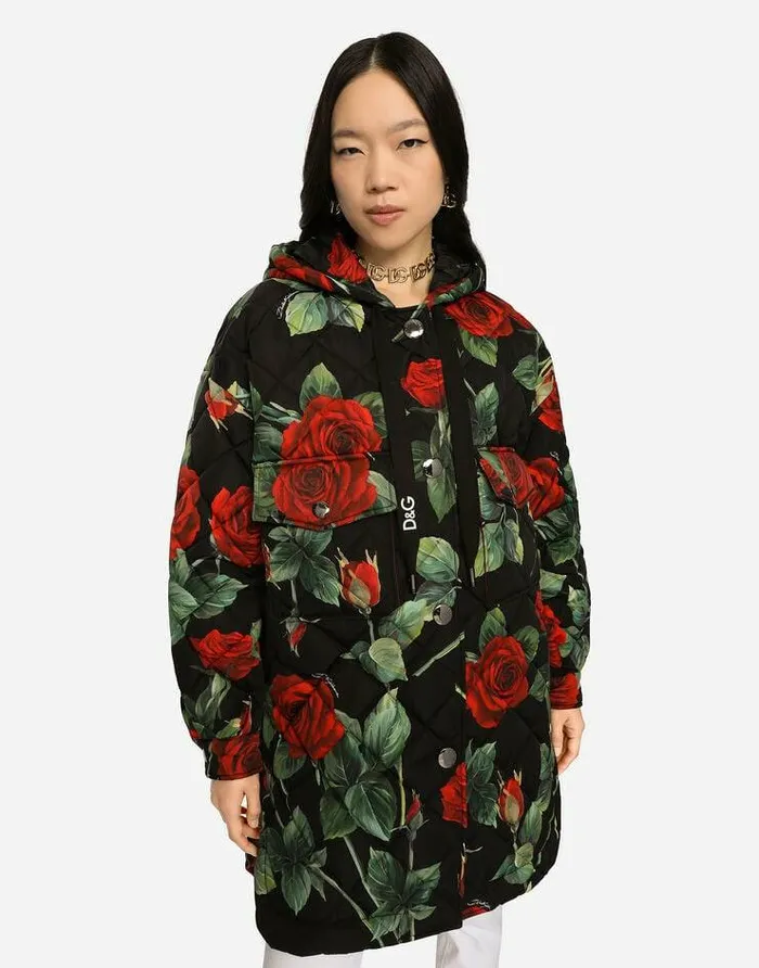 Dolce and Gabbana Coats And Jackets Women Quilted Cordura Jacket With Rose Print And Hood Multicolor Dolce and Gabbana Coats And Jackets Women Quilted Cordura Jacket With Rose Print And Hood Multicolor