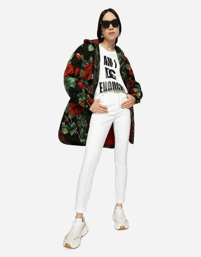 Dolce and Gabbana Coats And Jackets Women Quilted Cordura Jacket With Rose Print And Hood Multicolor Dolce and Gabbana Coats And Jackets Women Quilted Cordura Jacket With Rose Print And Hood Multicolor